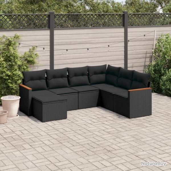 Salon de jardin 7 pcs avec coussins noir rsine tresse