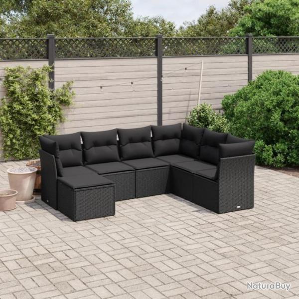 Salon de jardin 7 pcs avec coussins noir rsine tresse