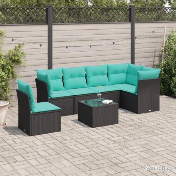 Salon de jardin 7 pcs avec coussins noir rsine tresse