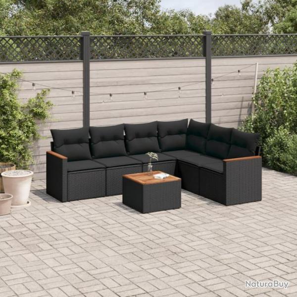 Salon de jardin 7 pcs avec coussins noir rsine tresse