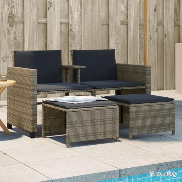 Canap de jardin 2 places avec table et tabourets gris rotin