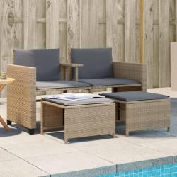 Canapé de jardin 2 places avec table et tabourets beige rotin