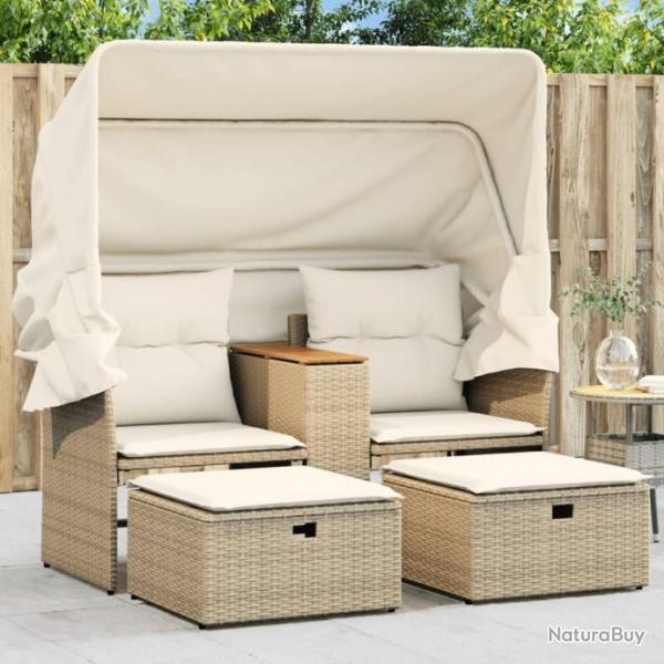 Canap de jardin 2 places avec auvent et tabourets beige rotin