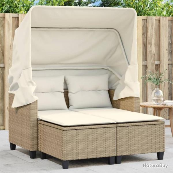 Canap de jardin 2 places avec auvent et tabourets beige rotin