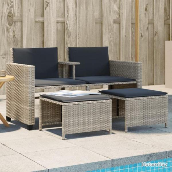 Canap de jardin 2 places avec table tabourets gris clair rotin