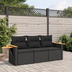 Salon de jardin 3 pcs avec coussins noir résine tressée