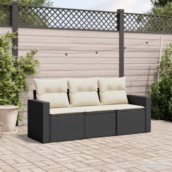 Salon de jardin 3 pcs avec coussins noir rsine tresse