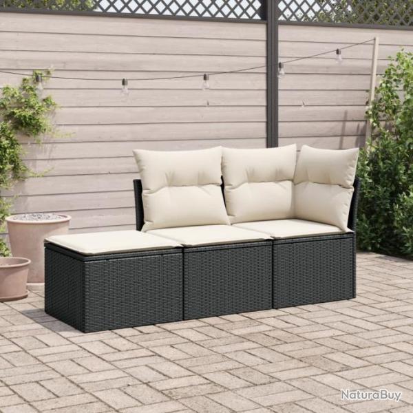 Salon de jardin 3 pcs avec coussins noir rsine tresse