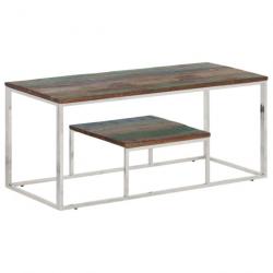 Table basse argenté acier inoxydable/bois massif récupération