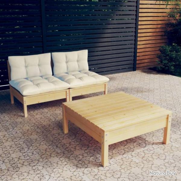 Salon de jardin 3 pcs avec coussins crme bois de pin