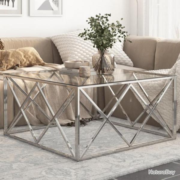 Table basse argent acier inoxydable et verre tremp