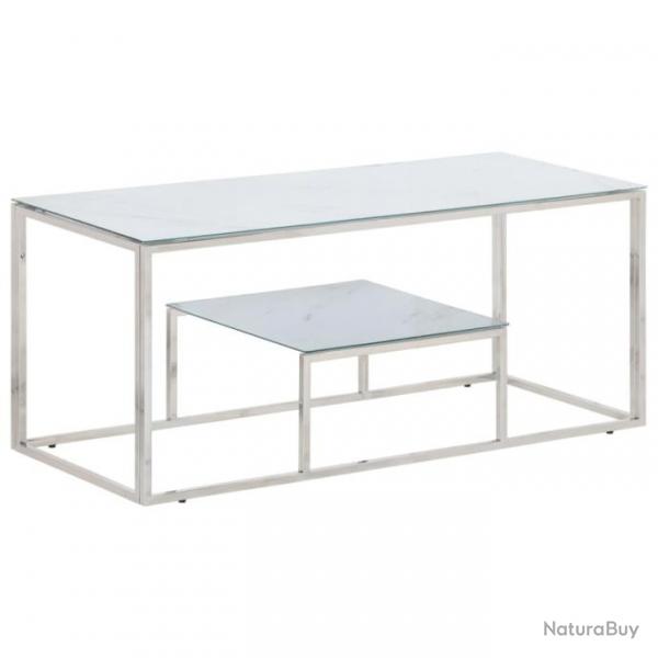 Table basse argent acier inoxydable et verre tremp