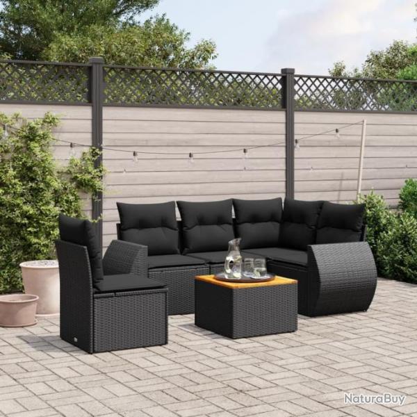 Salon de jardin 6 pcs avec coussins noir rsine tresse