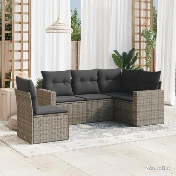 Salon de jardin 5 pcs avec coussins gris rsine tresse