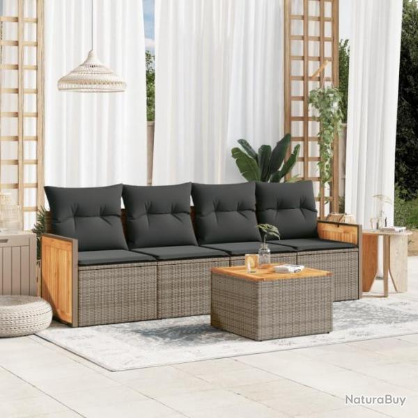 Salon de jardin 5 pcs avec coussins gris rsine tresse