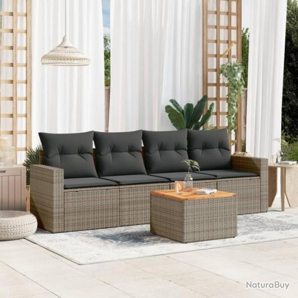 Salon de jardin 5 pcs avec coussins gris rsine tresse