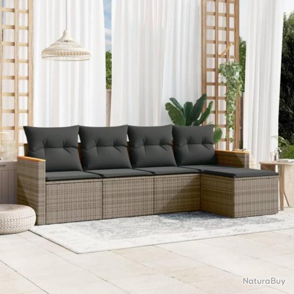 Salon de jardin 5 pcs avec coussins gris rsine tresse