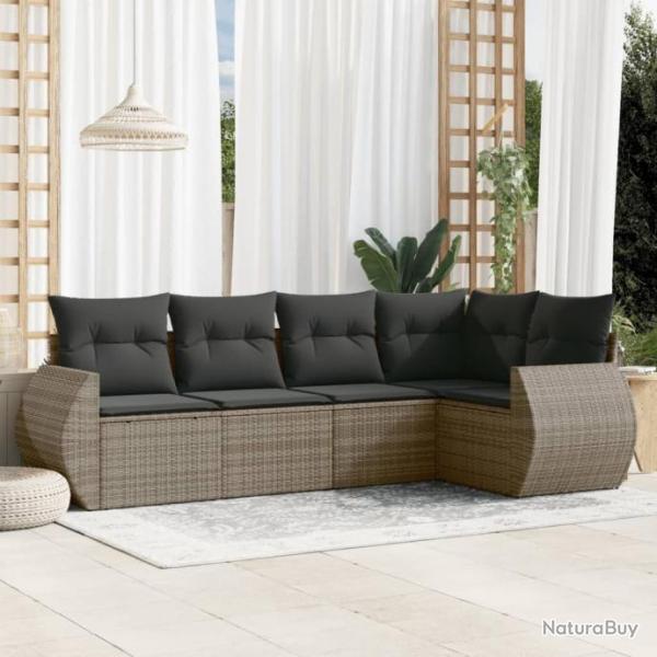 Salon de jardin 5 pcs avec coussins gris rsine tresse