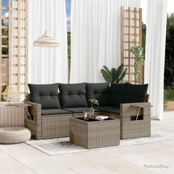 Salon de jardin 5 pcs avec coussins gris rsine tresse