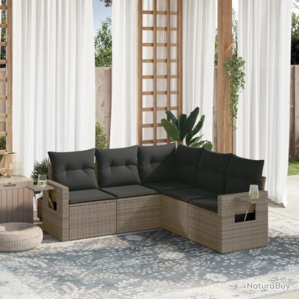 Salon de jardin 5 pcs avec coussins gris rsine tresse