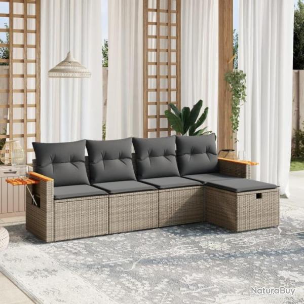 Salon de jardin 5 pcs avec coussins gris rsine tresse