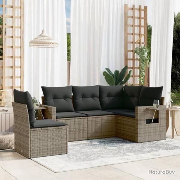 Salon de jardin 5 pcs avec coussins gris rsine tresse