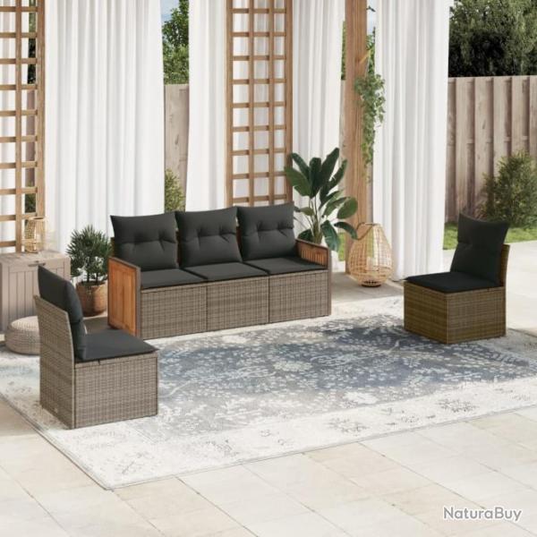 Salon de jardin 5 pcs avec coussins gris rsine tresse