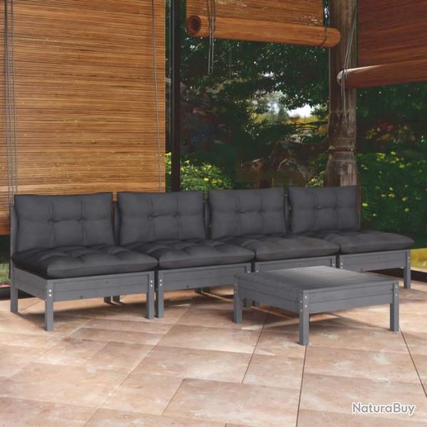 Salon de jardin 5 pcs avec coussins anthracite bois de pin