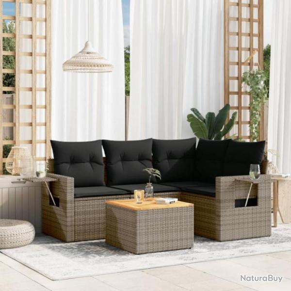 Salon de jardin 5 pcs avec coussins gris rsine tresse