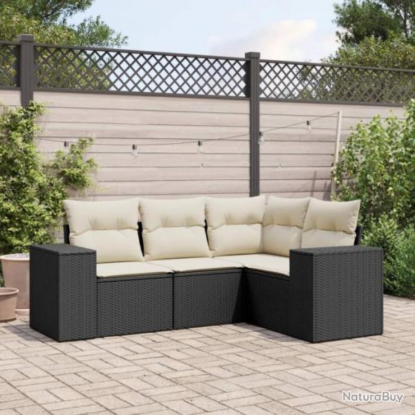 Salon de jardin 4 pcs avec coussins noir rsine tresse