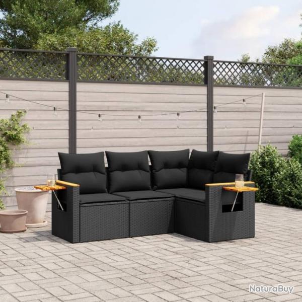 Salon de jardin 4 pcs avec coussins noir rsine tresse