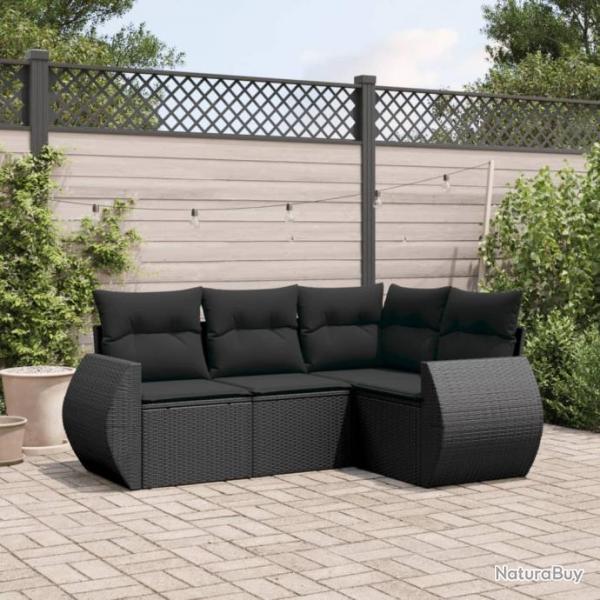 Salon de jardin 4 pcs avec coussins noir rsine tresse