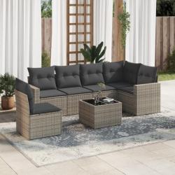 Salon de jardin avec coussins 7 pcs gris résine tressée