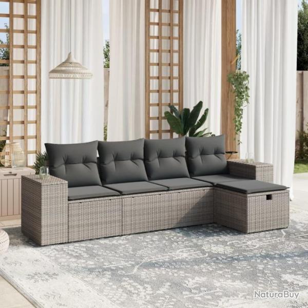 Salon de jardin 5 pcs avec coussins gris rsine tresse