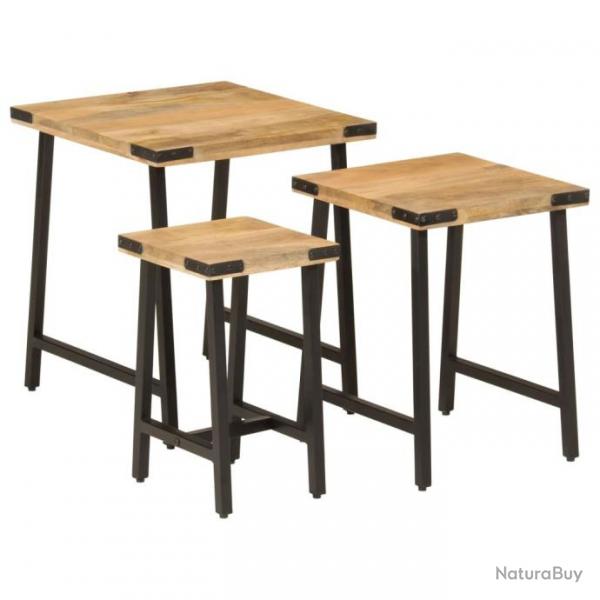 Tables basses gigognes 3 pcs bois massif de manguier et fer