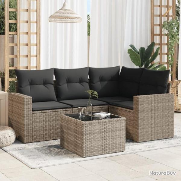 Salon de jardin 5 pcs avec coussins gris rsine tresse