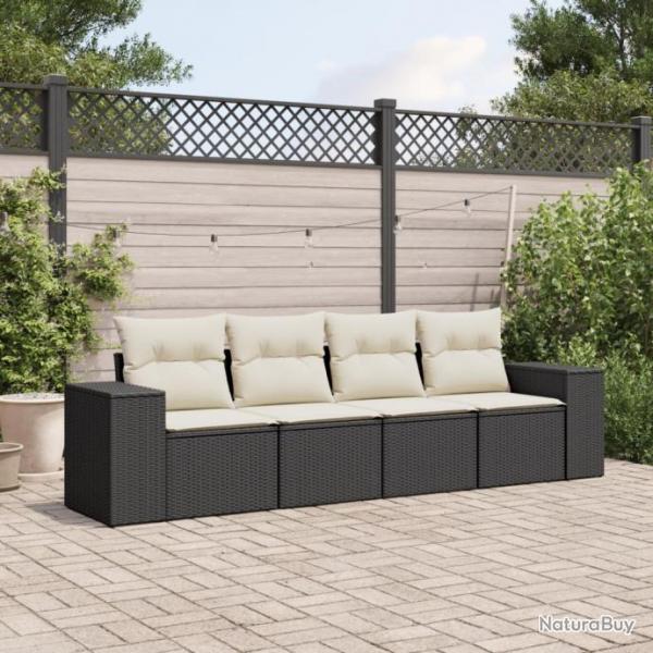 Salon de jardin 4 pcs avec coussins noir rsine tresse