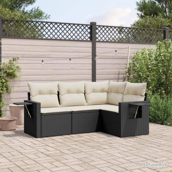 Salon de jardin 4 pcs avec coussins noir rsine tresse