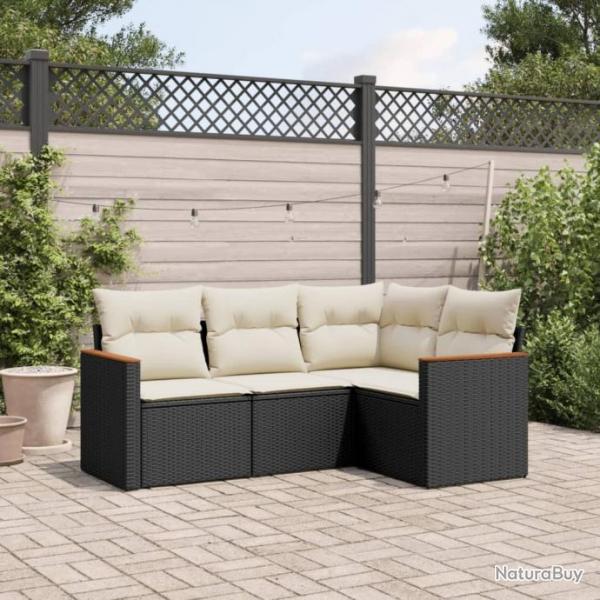 Salon de jardin 4 pcs avec coussins noir rsine tresse