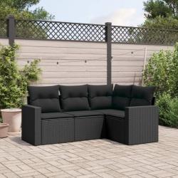 Salon de jardin 4 pcs avec coussins noir résine tressée