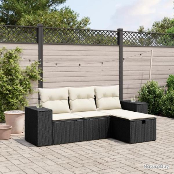 Salon de jardin 4 pcs avec coussins noir rsine tresse