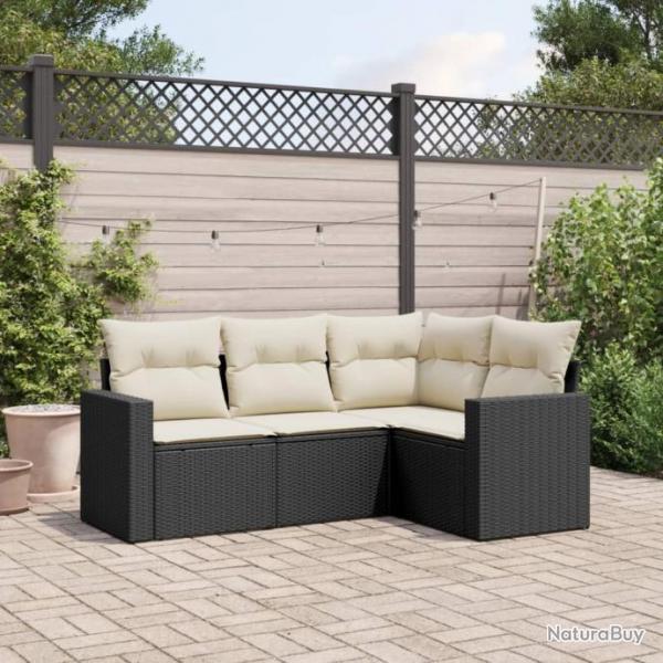 Salon de jardin 4 pcs avec coussins noir rsine tresse