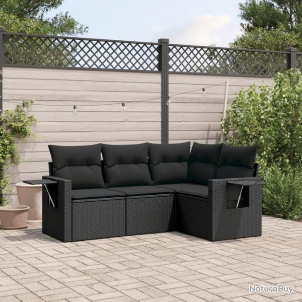 Salon de jardin 4 pcs avec coussins noir rsine tresse