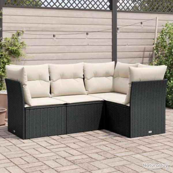 Salon de jardin 4 pcs avec coussins noir rsine tresse