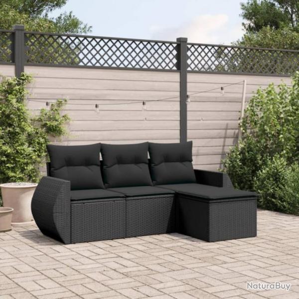 Salon de jardin 4 pcs avec coussins noir rsine tresse