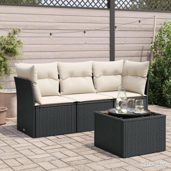 Salon de jardin 4 pcs avec coussins noir rsine tresse