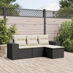 Salon de jardin 4 pcs avec coussins noir résine tressée