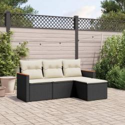 Salon de jardin 4 pcs avec coussins noir résine tressée