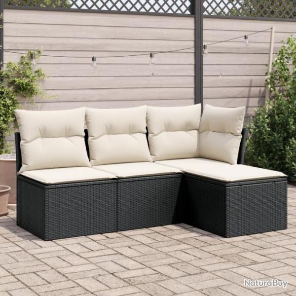 Salon de jardin 4 pcs avec coussins noir rsine tresse