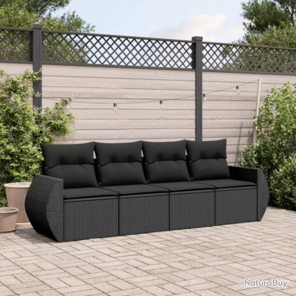 Salon de jardin 4 pcs avec coussins noir rsine tresse